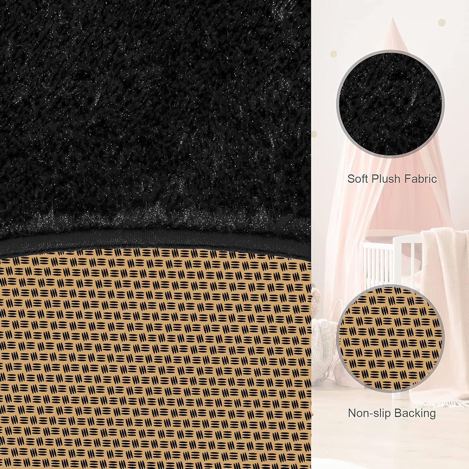 Hochflor Shaggy Teppich Rund Super Weich Flauschiger Schwarz 120 x 120