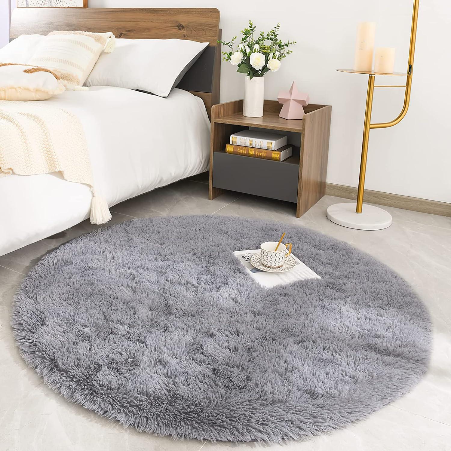 Hochflor Teppich Rund Super weich Shaggy Teppich Fluffy Grau 120x120