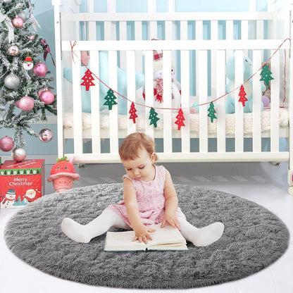 ROHATIM Hochflor Teppich Grau Rund 120 cm Flauschig Weich