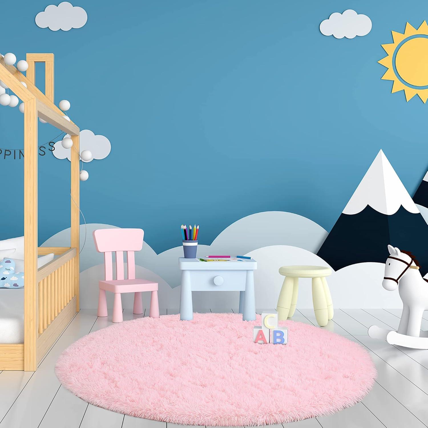 Hochflor Teppich Rund Rosa Shaggy Flauschiger Kinder Teppich 120x120