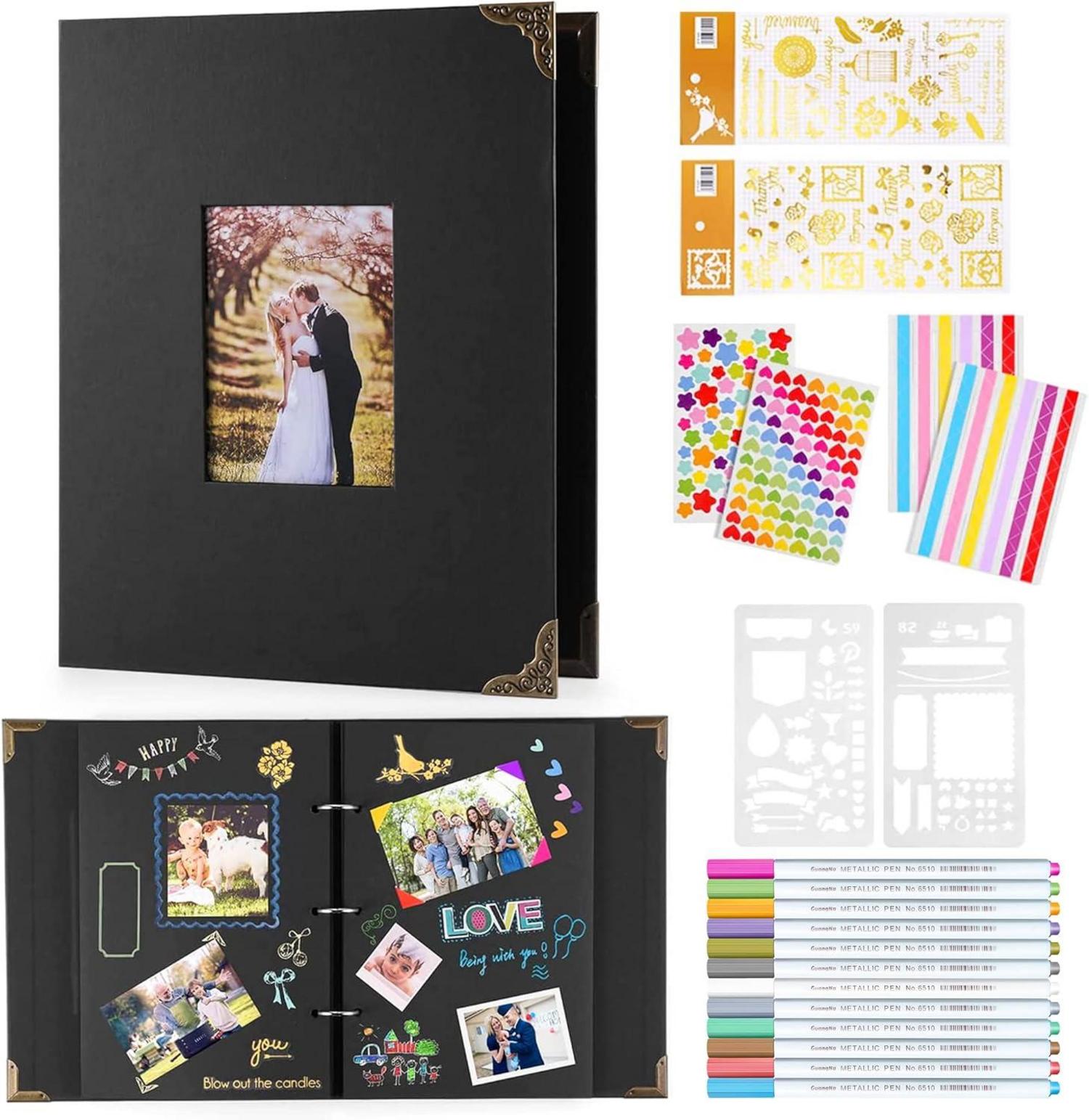 Fotoalbum Schwarz Ringbuch 160 Bilder Scrapbook Metallic Stifte