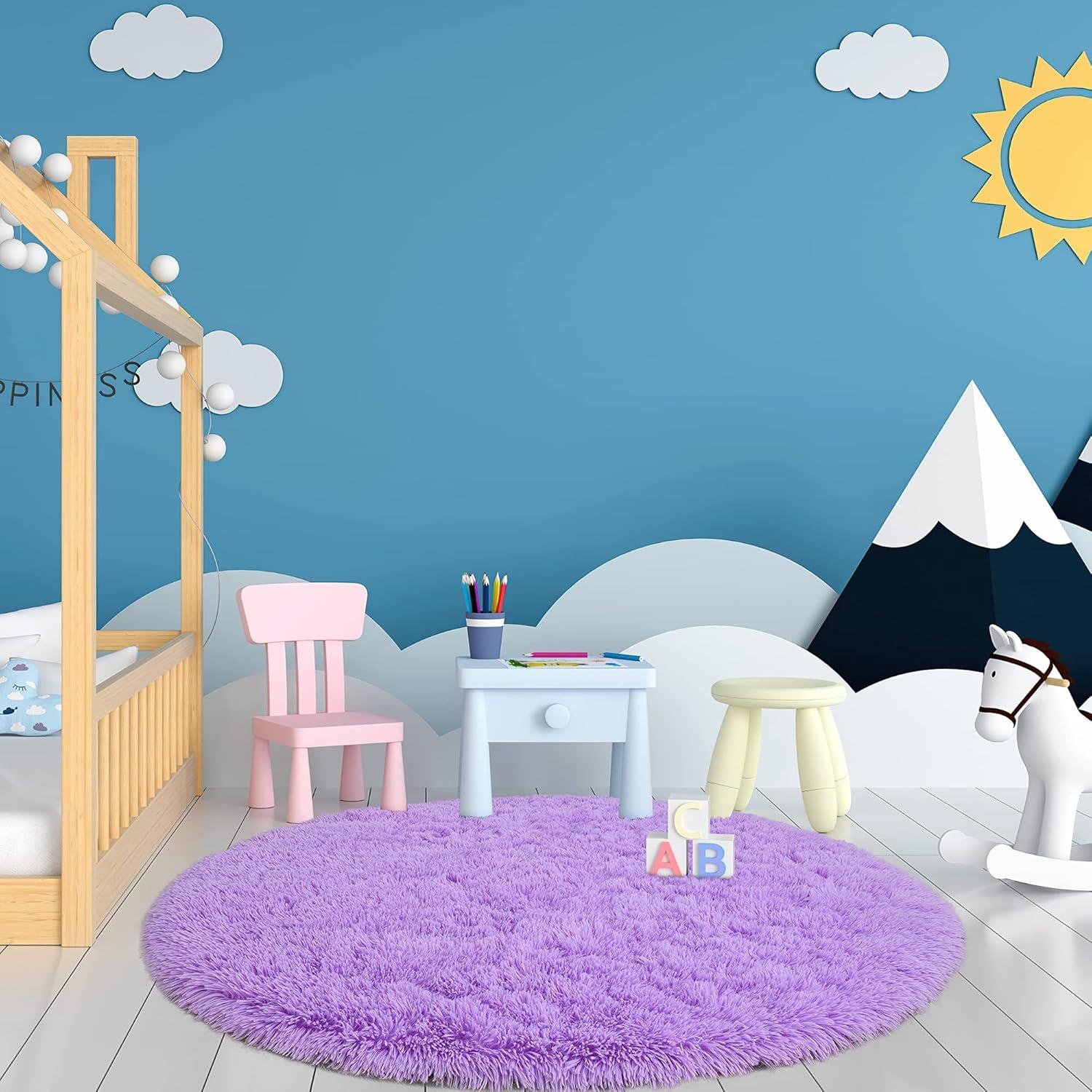 Hochflor Teppich Rund Super weich Shaggy Teppich Fluffy Violett 100 x
