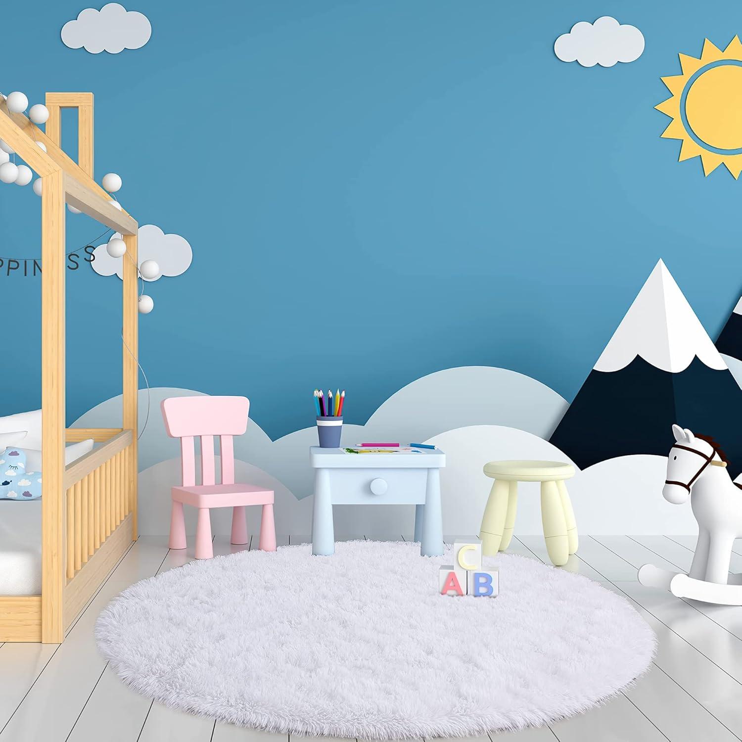 Hochflor Teppich Rund Soft Shaggy Rug Fluffy Kinderteppich(Weiß) 150 x