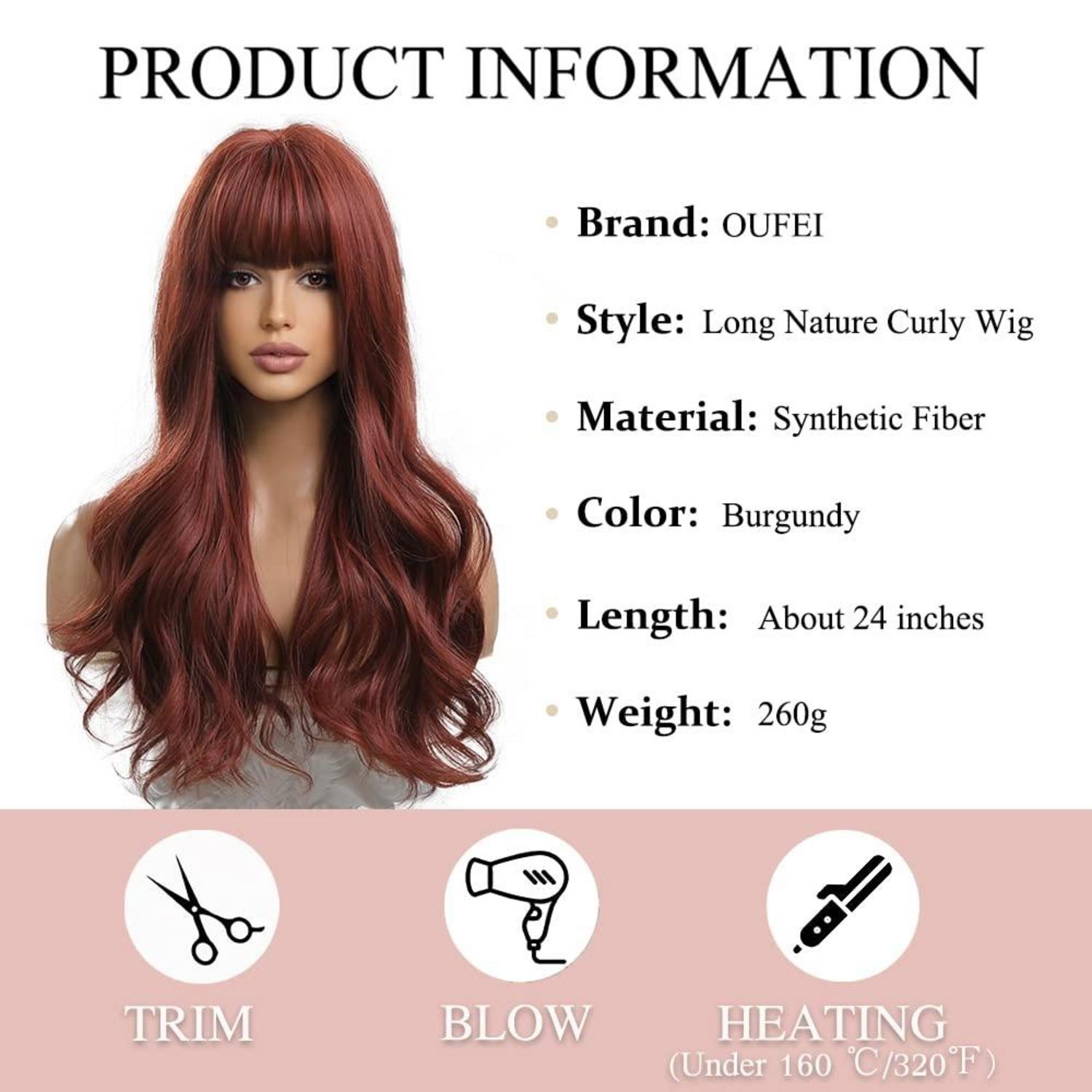 OUFEI Lange Gelockte Rötliche Braune Perücke mit Pony - Natürliche Synthetische Haare, Hitzebeständig - Cosplay, Party, Frauen