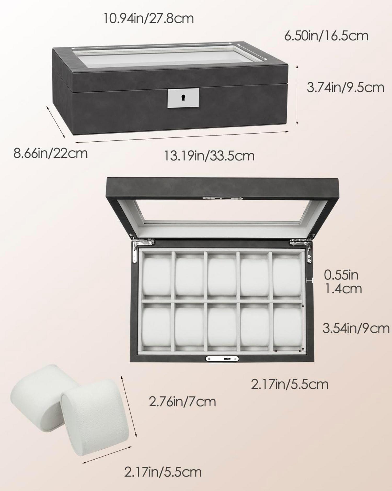 Uhrenbox mit Glasdeckel, Uhrenkissen, abschließbar, Samtfutter