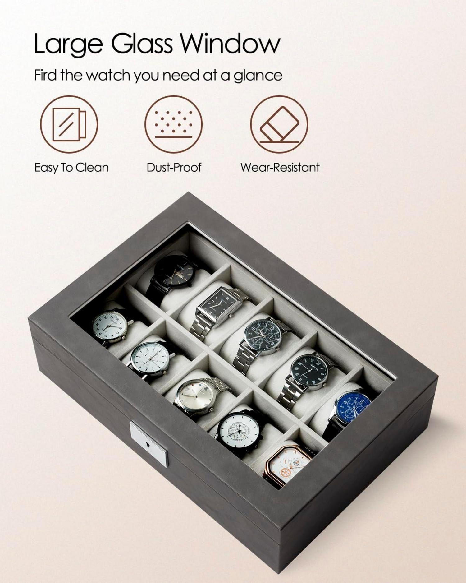 Uhrenbox mit Glasdeckel und 10 Fächern, abschließbarer Organizer