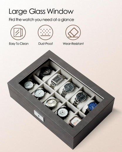 Uhrenbox mit Glasdeckel und 10 Fächern, abschließbarer Organizer
