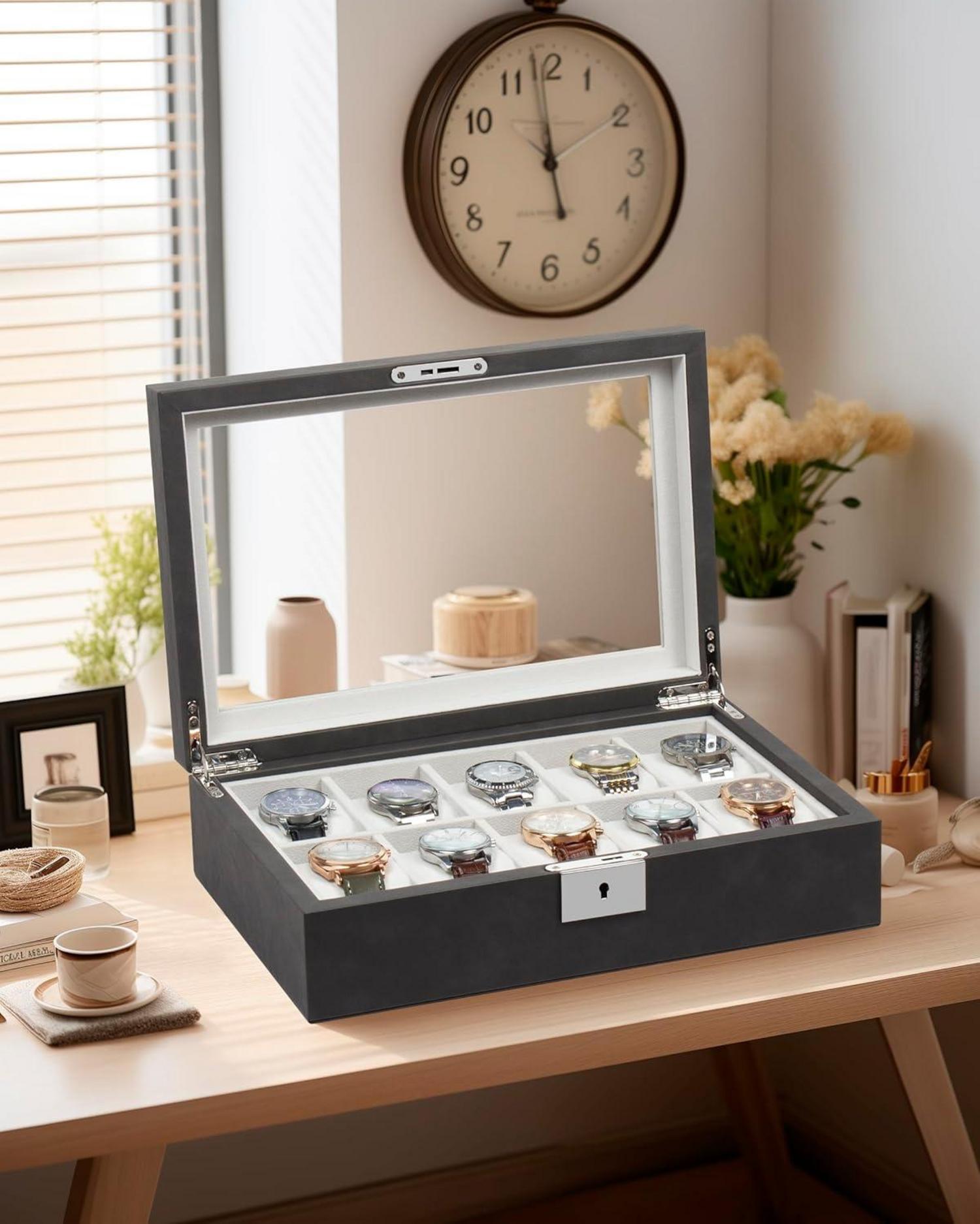 Uhrenbox für 10 Uhren mit Glasdeckel, abschließbar, Samtfutter, grau