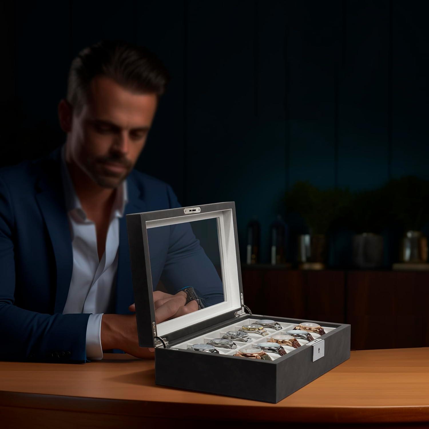 Uhrenbox für 10 Uhren mit Glasdeckel, abschließbar, Samtfutter, grau