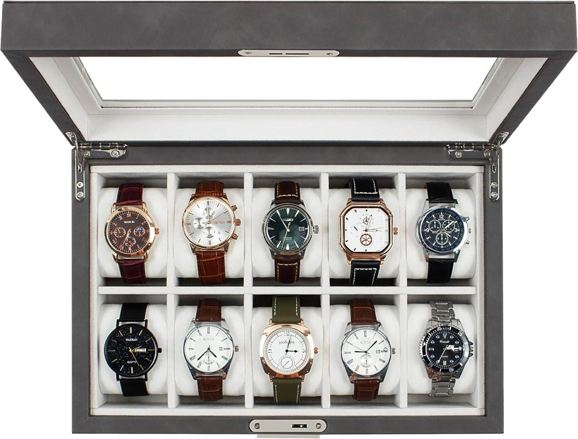 Uhrenbox mit Glasdeckel und 10 Fächern, abschließbarer Organizer