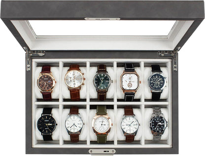 Uhrenbox mit Glasdeckel und 10 Fächern, abschließbarer Organizer