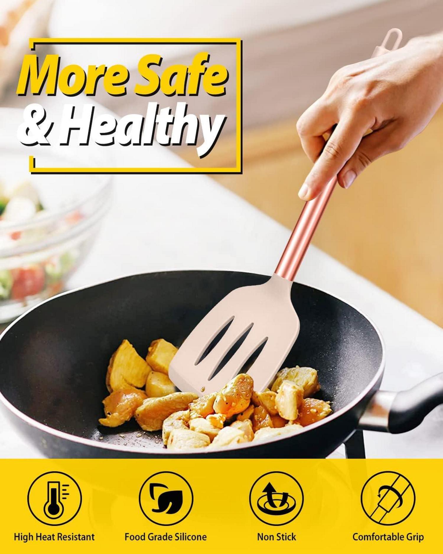 4er Set Silikon-Kochutensilien antihaftbeschichtet große Spatel hitzebeständig schwarzer Schlitzlöffel BPA-frei