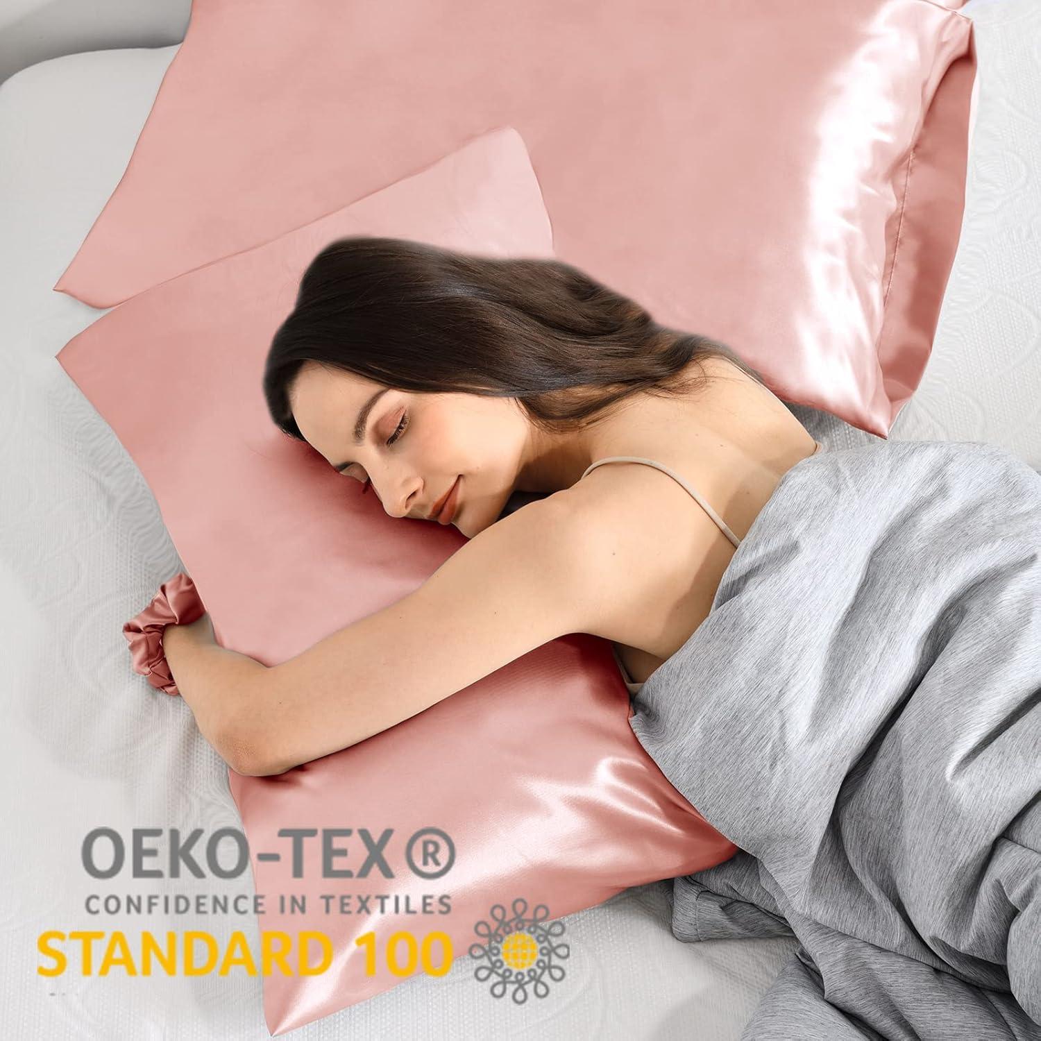 2er-Set Satin Kissenbezug 40x60 Rosa mit Haargummis