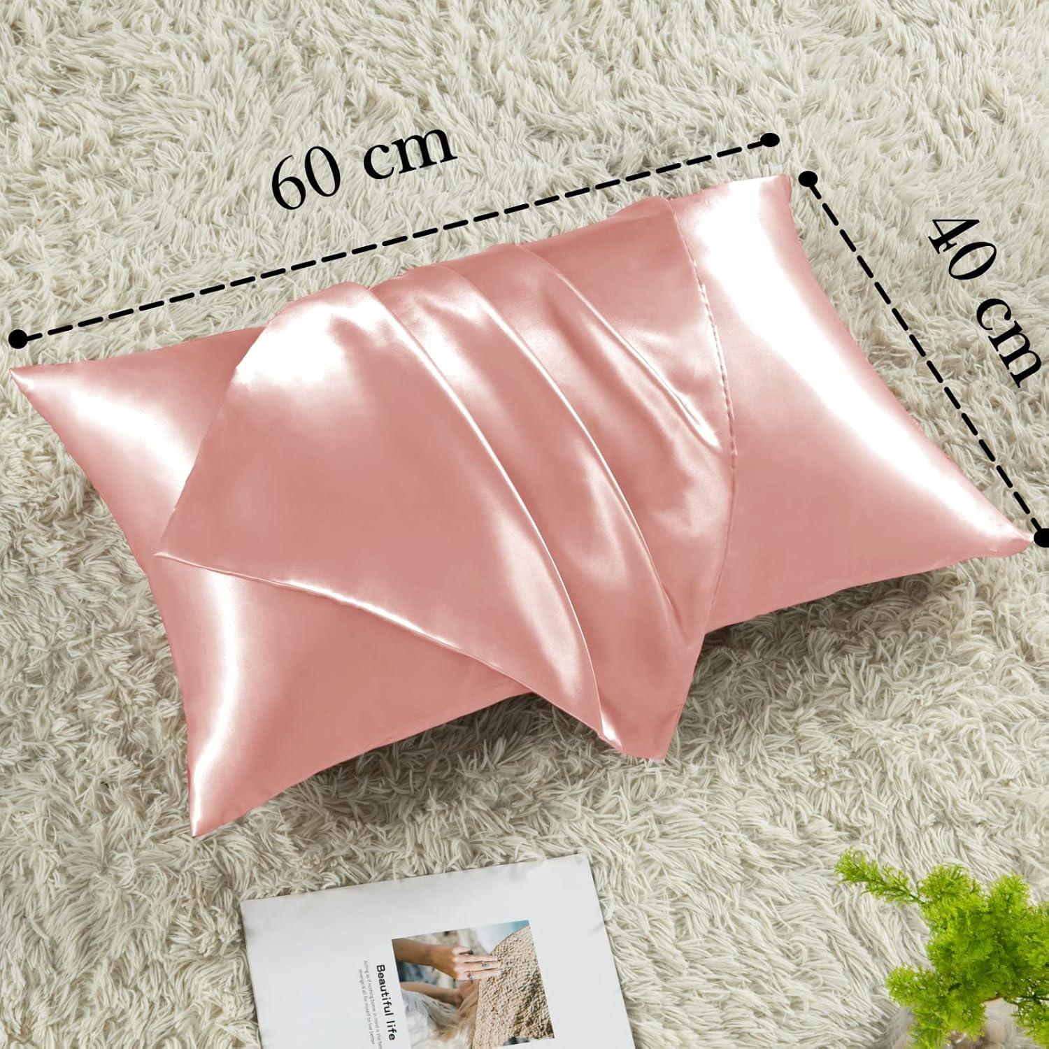 Satin Kissenbezug 40x60 Rosa 2er-Set mit Haargummis