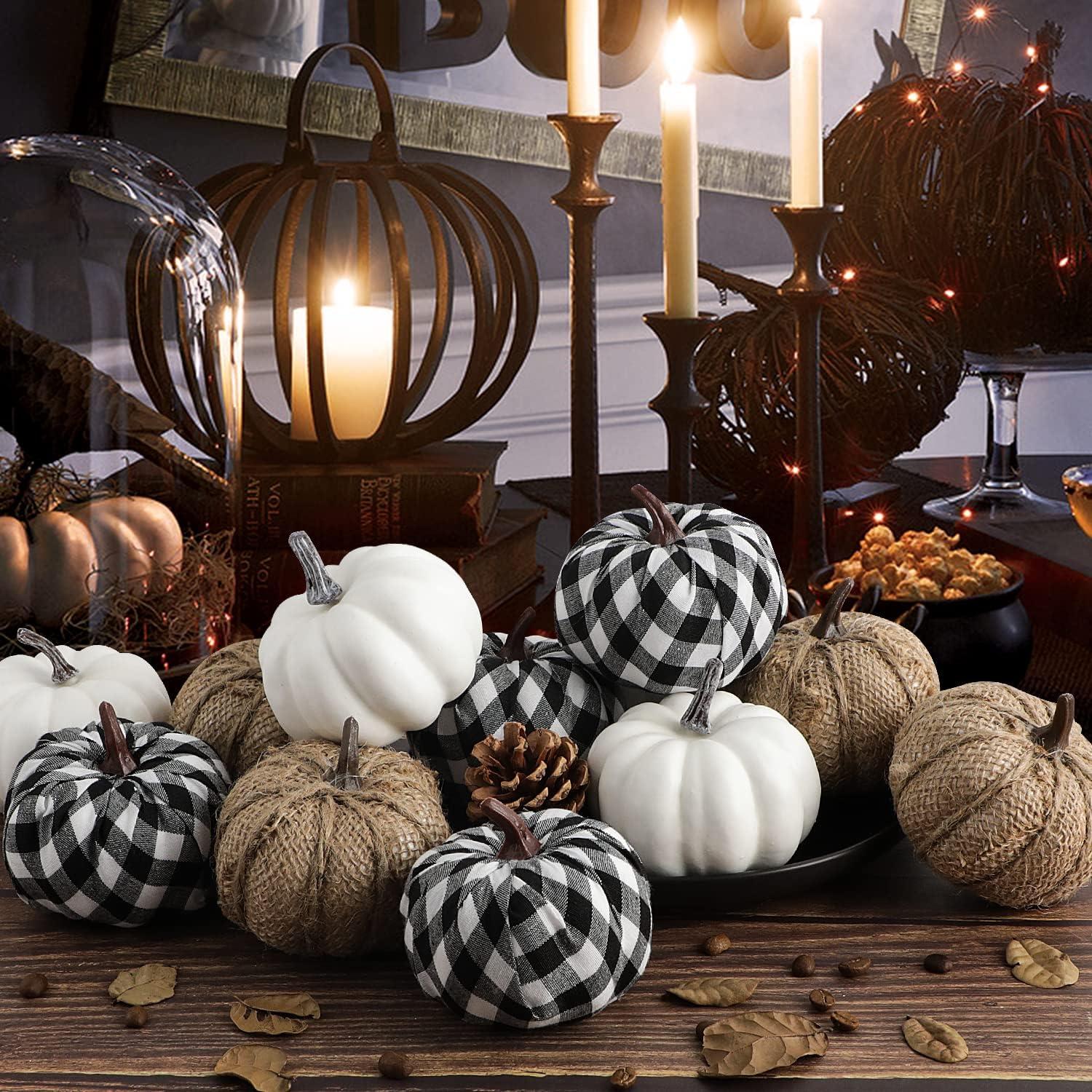 12er Set Kürbis Herbst Deko Draußen Leinen Schwarz weiß Karo