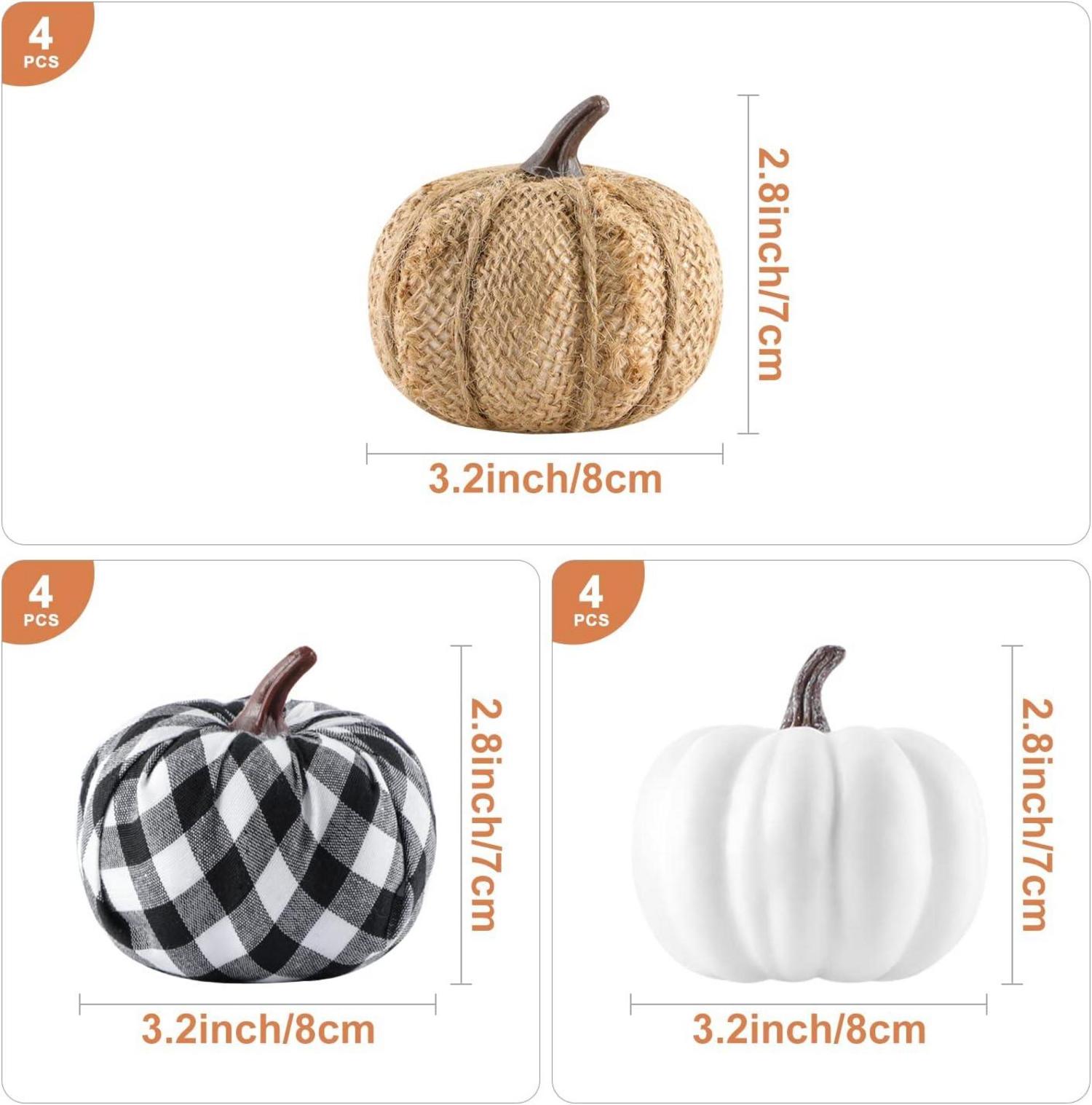 12er Set Kürbis Herbstdeko Draußen Leinen Schwrz Weiß Karo Stoff