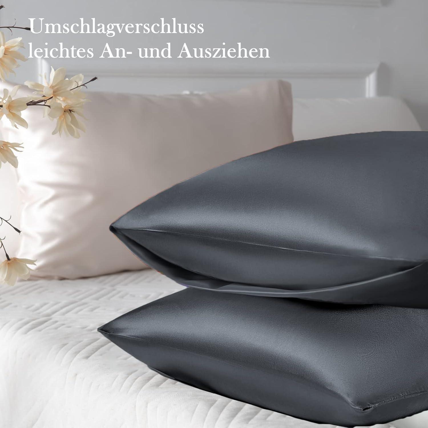 Satin Kissenbezug Dunkelgrau 40x60 2er-Set mit Haargummis