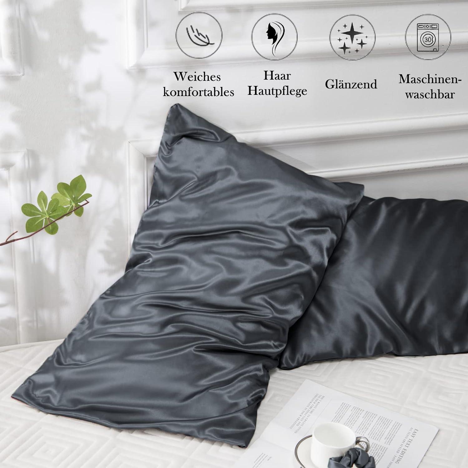 Satin Kissenbezug 40x60 Dunkelgrau 2er-Set mit Haargummis