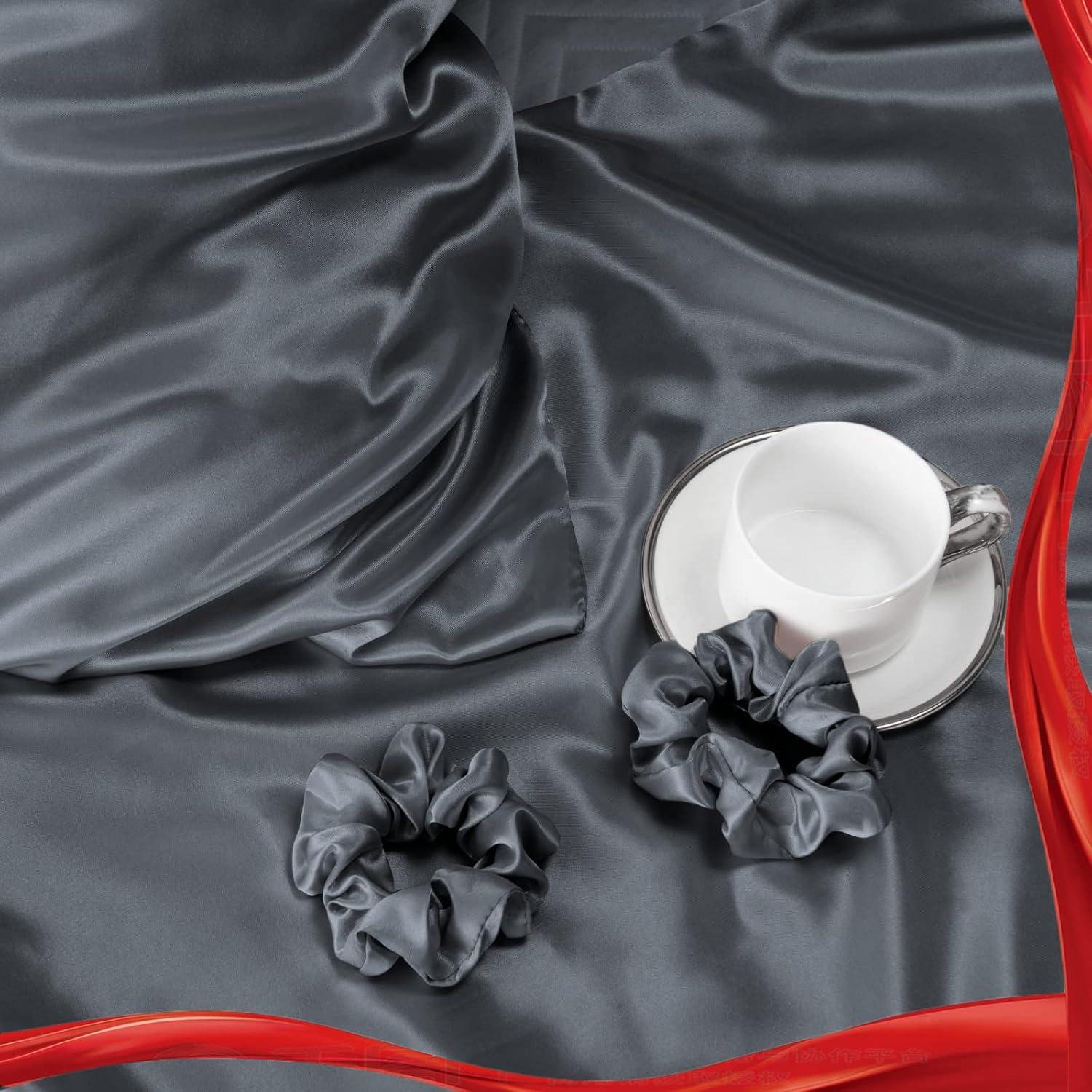 Satin Kissenbezüge 40x60 Dunkelgrau 2er Set mit Haargummis