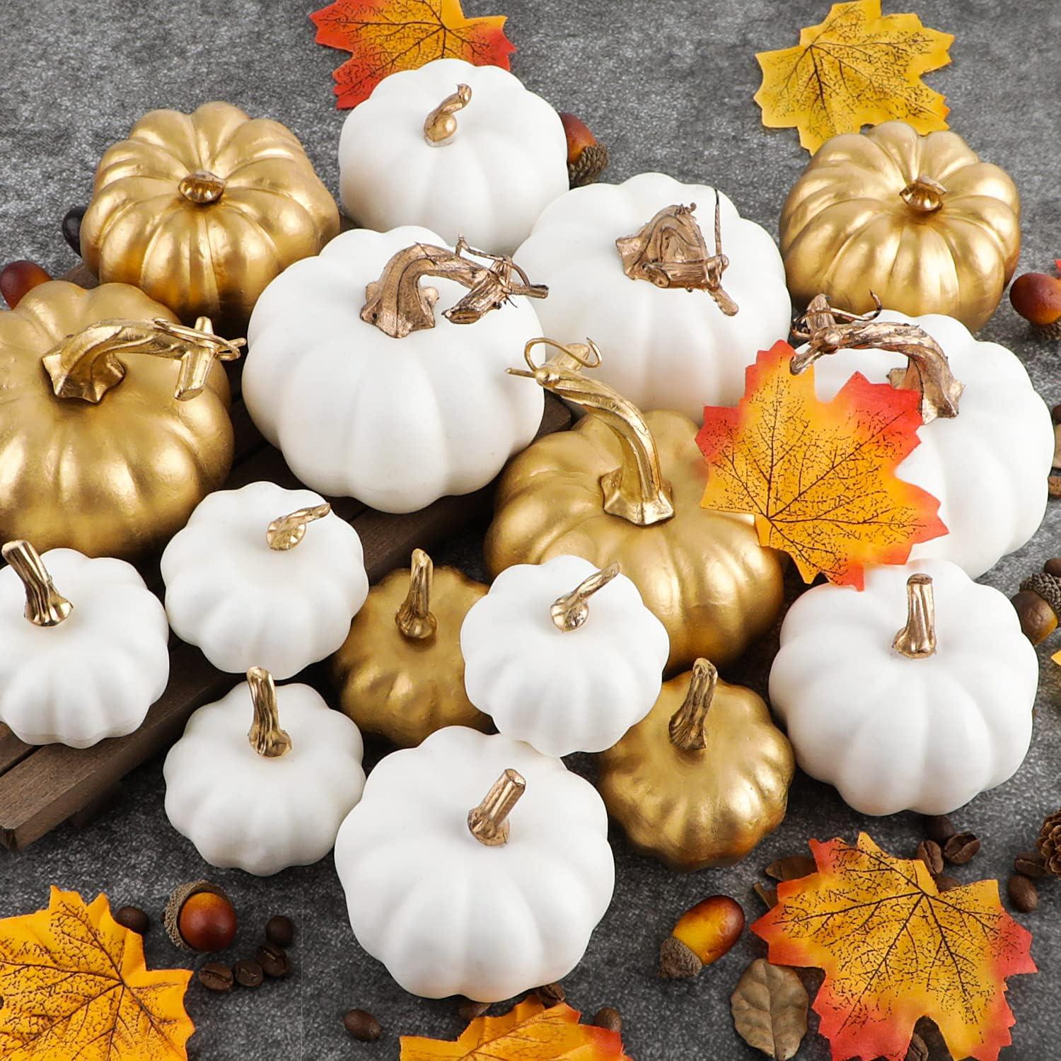 16er Set Weiße und Goldene Kürbisse Deko Herbst Halloween