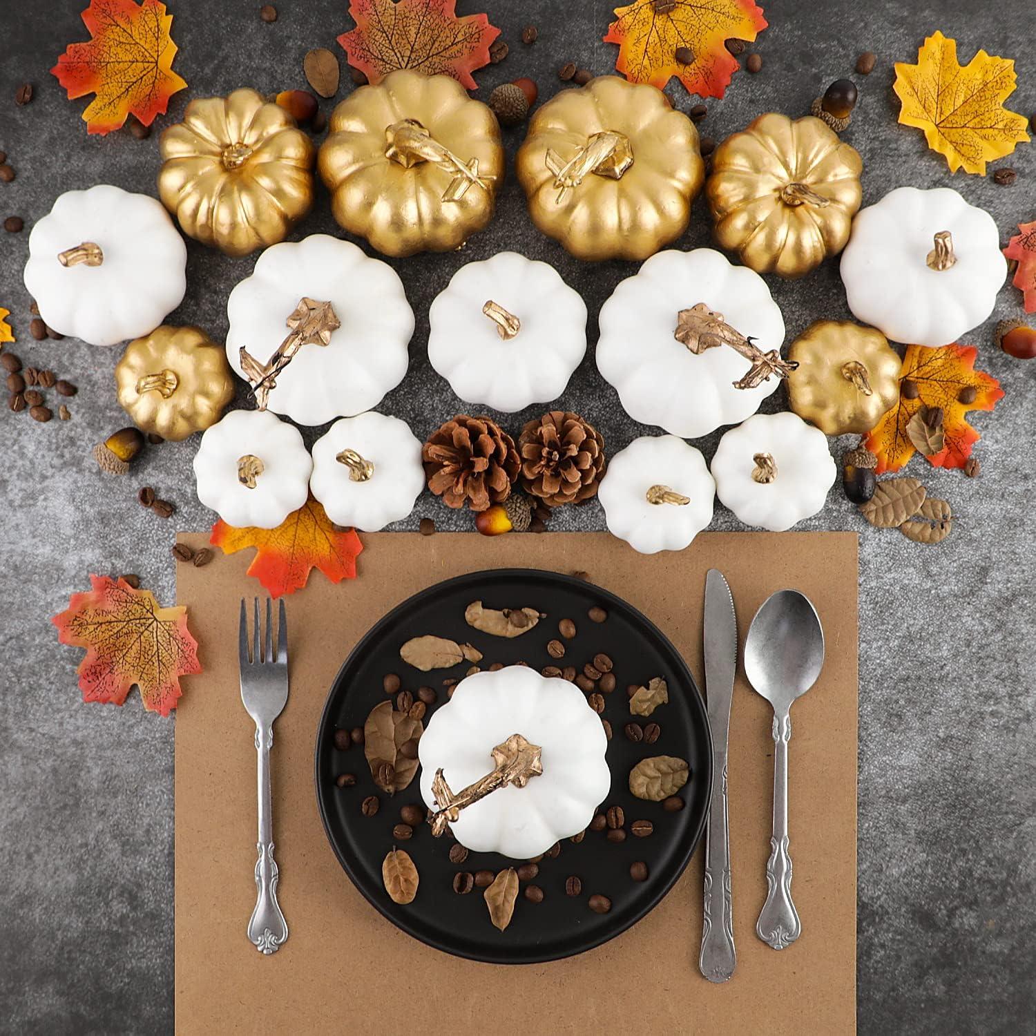 Künstliche Kürbisse Herbst Halloween Deko Set Weiß Gold 16 Stück