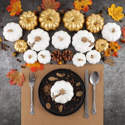 Künstliche Kürbisse Herbst Halloween Deko Set Weiß Gold 16 Stück