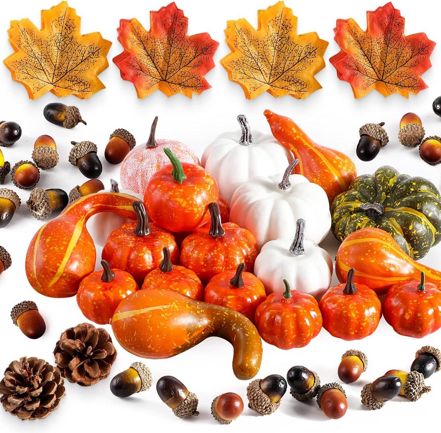 Künstliche Kürbis Herbstdeko Innen 102 Teile – Kürbisse Eicheln Ahornblätter Tannenzapfen Halloween Thanksgiving