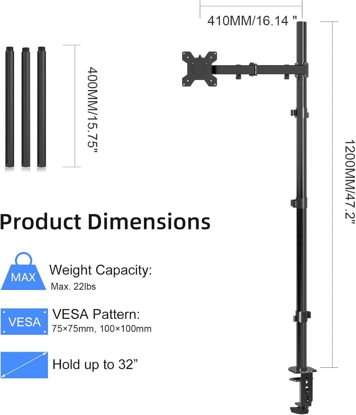 Monitorhalterung 120 cm Stange voll verstellbarer Arm für 13-32 Zoll Bildschirme