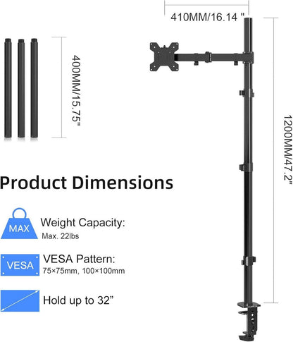 Monitorhalterung 120 cm Stange voll verstellbarer Arm für 13-32 Zoll Bildschirme