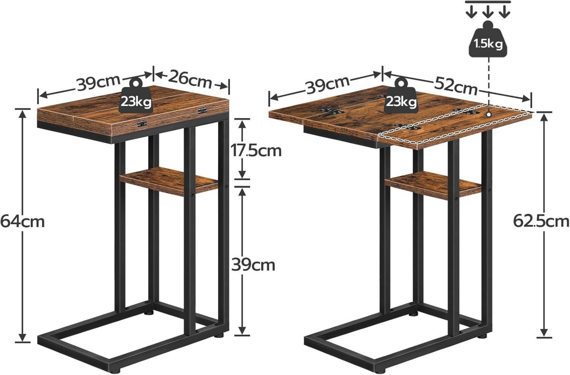 C-Form Klappbarer Beistelltisch mit Lagerregal Schwarz Dklbraun