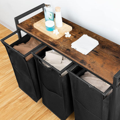 Wäschekorb mit 3 Fächern und Ablage, Wäschesammler 118x47x73cm
