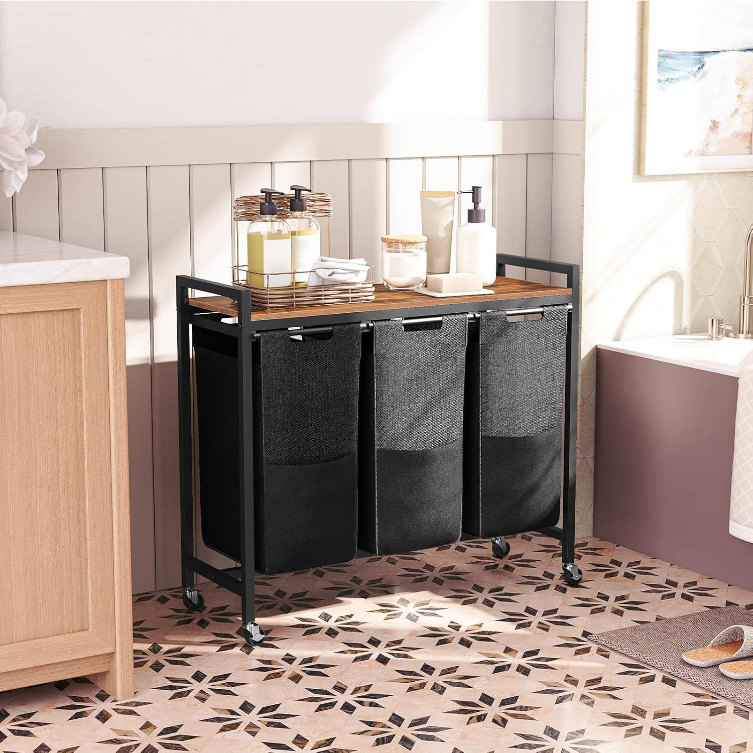 Wäschekorb mit 3 Fächern und Ablage, 3 x 39,8 L, Vintagebraun-Schwarz