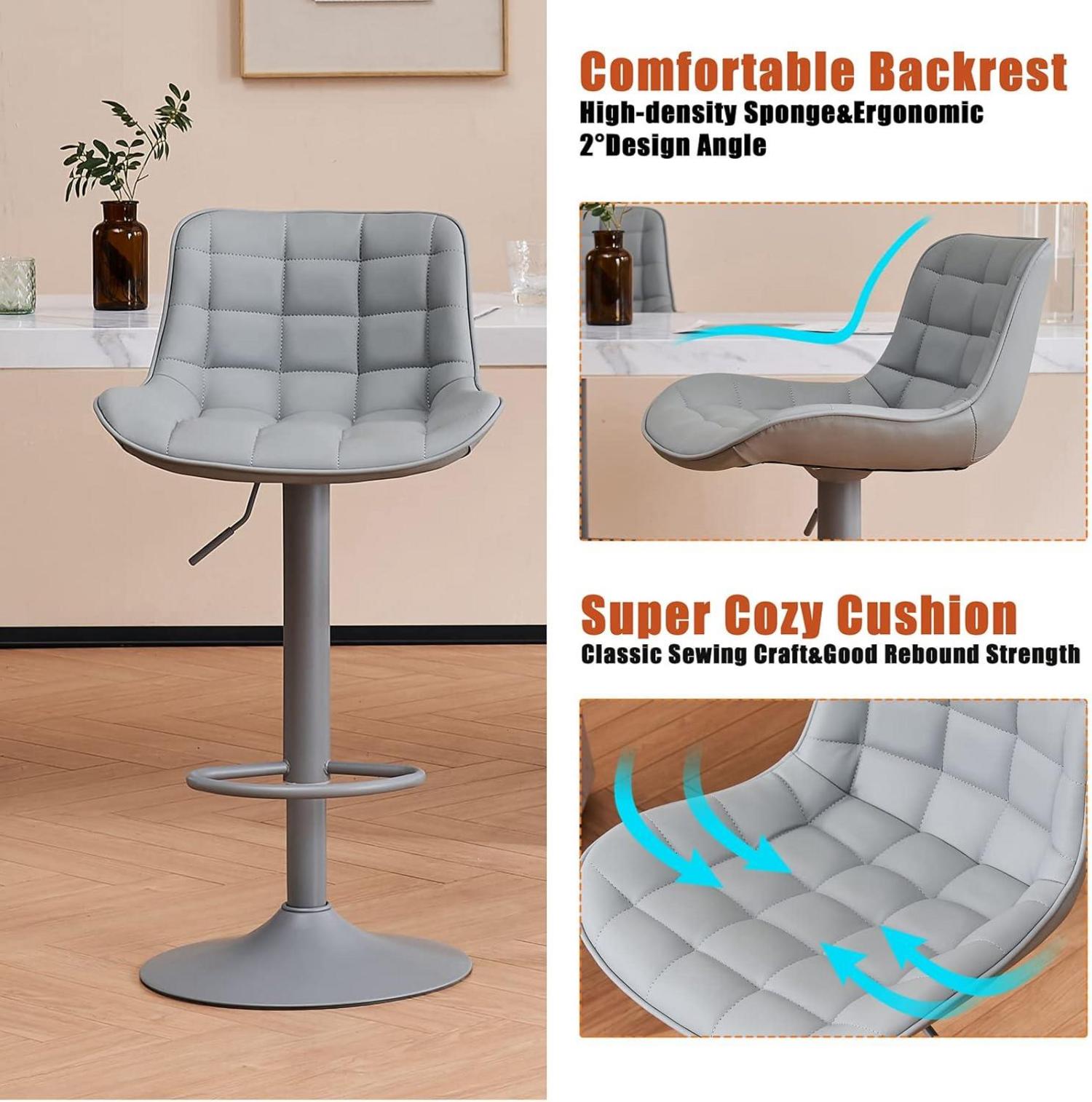 Barhocker 2er Set Höhenverstellbar mit Lehne Kunstleder Grau