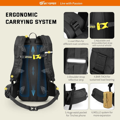 BOGDA 30L Wanderrucksack mit Rückenbelüftung und Trinksystem in Schwarz