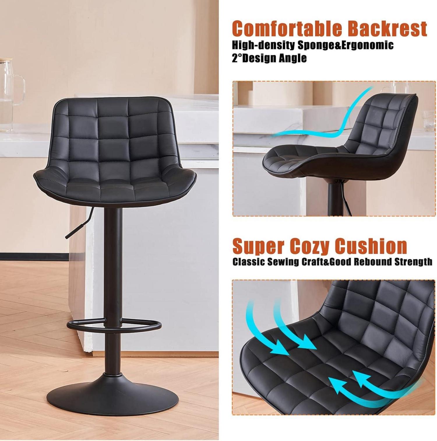 Barhocker 2er Set Schwarz Höhenverstellbar mit Lehne und Weichem
