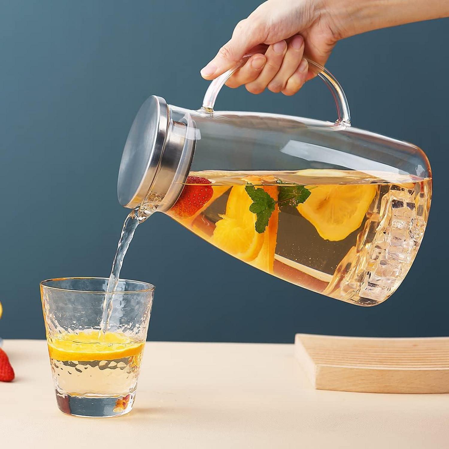 Wasserkaraffe Klarglas 2.0L Abnehmbarer Deckel Heiß Kalt Tee Café Limonade