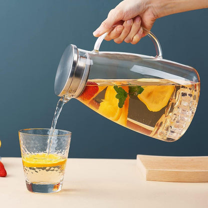 Wasserkaraffe Klarglas 2.0L Abnehmbarer Deckel Heiß Kalt Tee Café Limonade