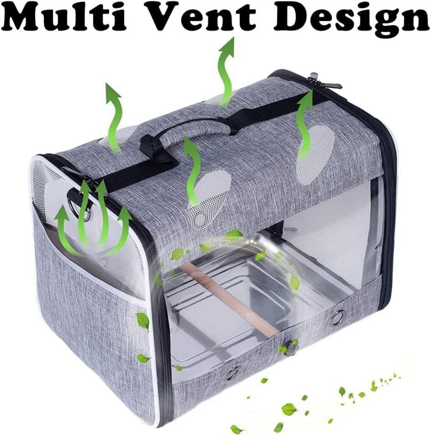 Vogeltrage für Reisen mit Metallschale und Stehstange, transparent, für Sittiche, Papageien, Wellensittiche, Nymphensittiche, grau