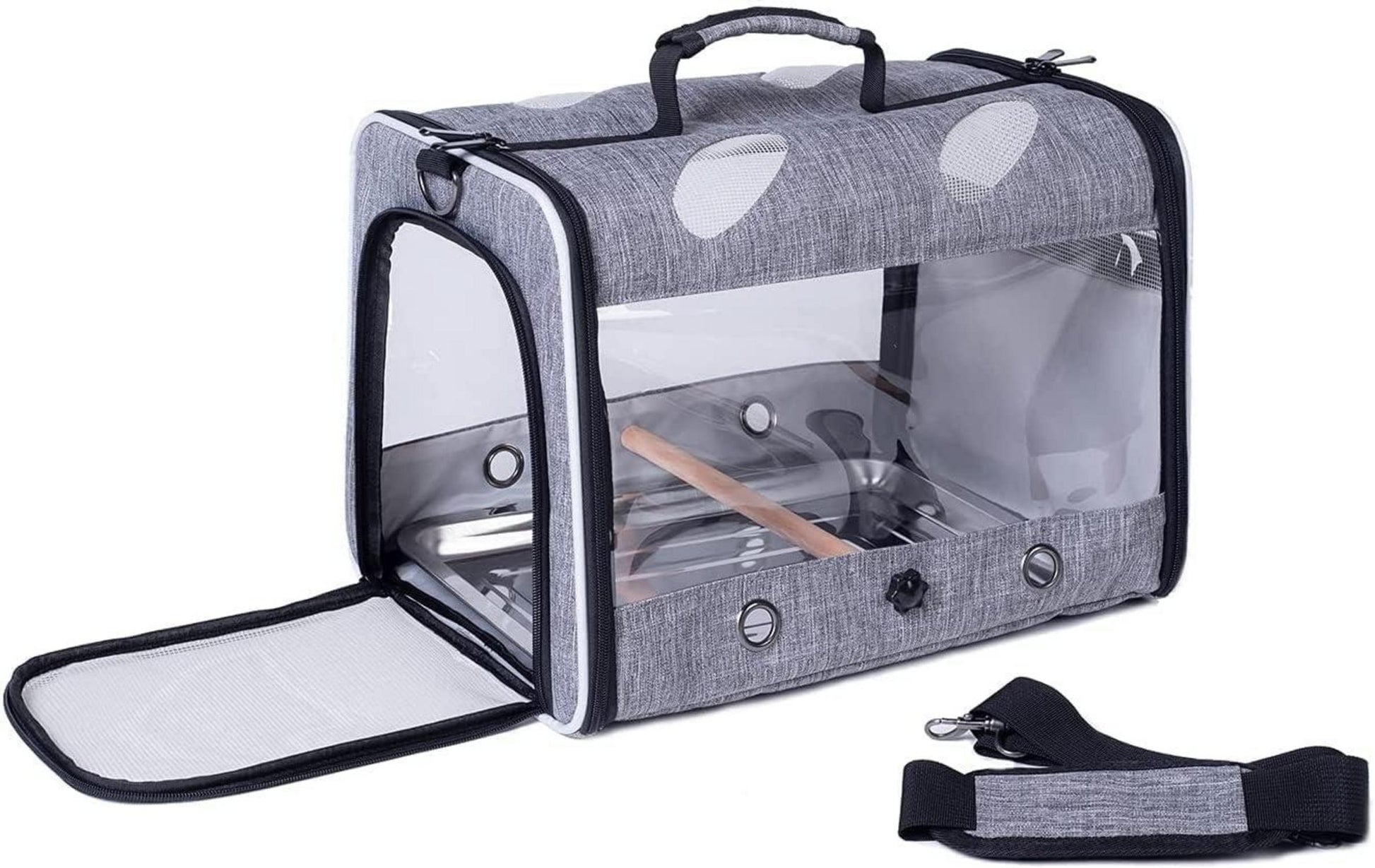 Vogeltrage für Reisen transparent mit Metallschale Stehstange für