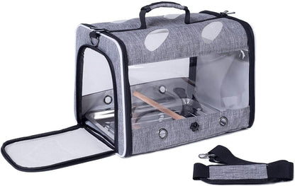 Vogeltrage für Reisen transparent mit Metallschale Stehstange für