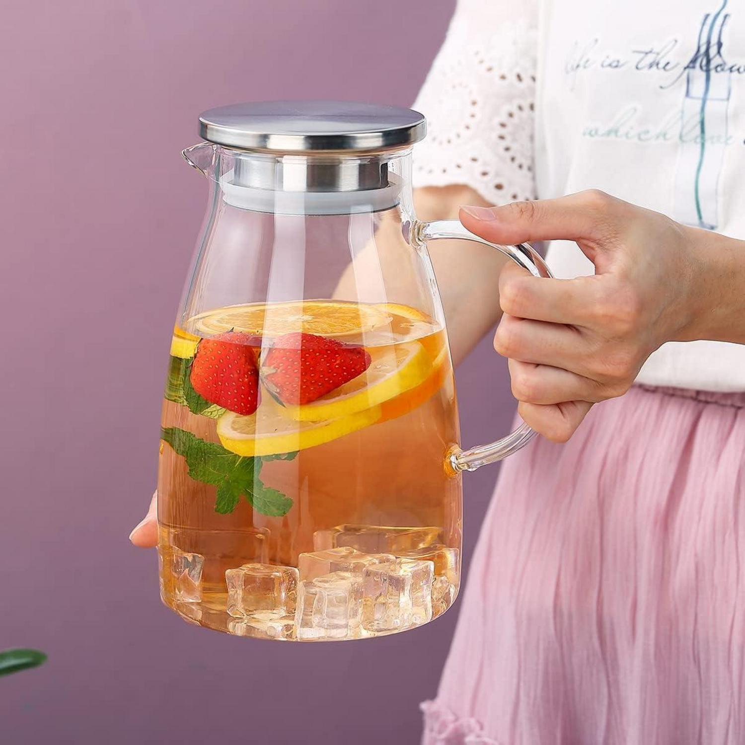 Wasserkaraffe 1.5L Abnehmbarer Deckel Klarglas Karaffe Heiß Kalt Tee Limonade