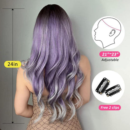 Lange Ombre Lila Grau Perücke Pony Natürliches Synthetik Haar_hitzebeständig