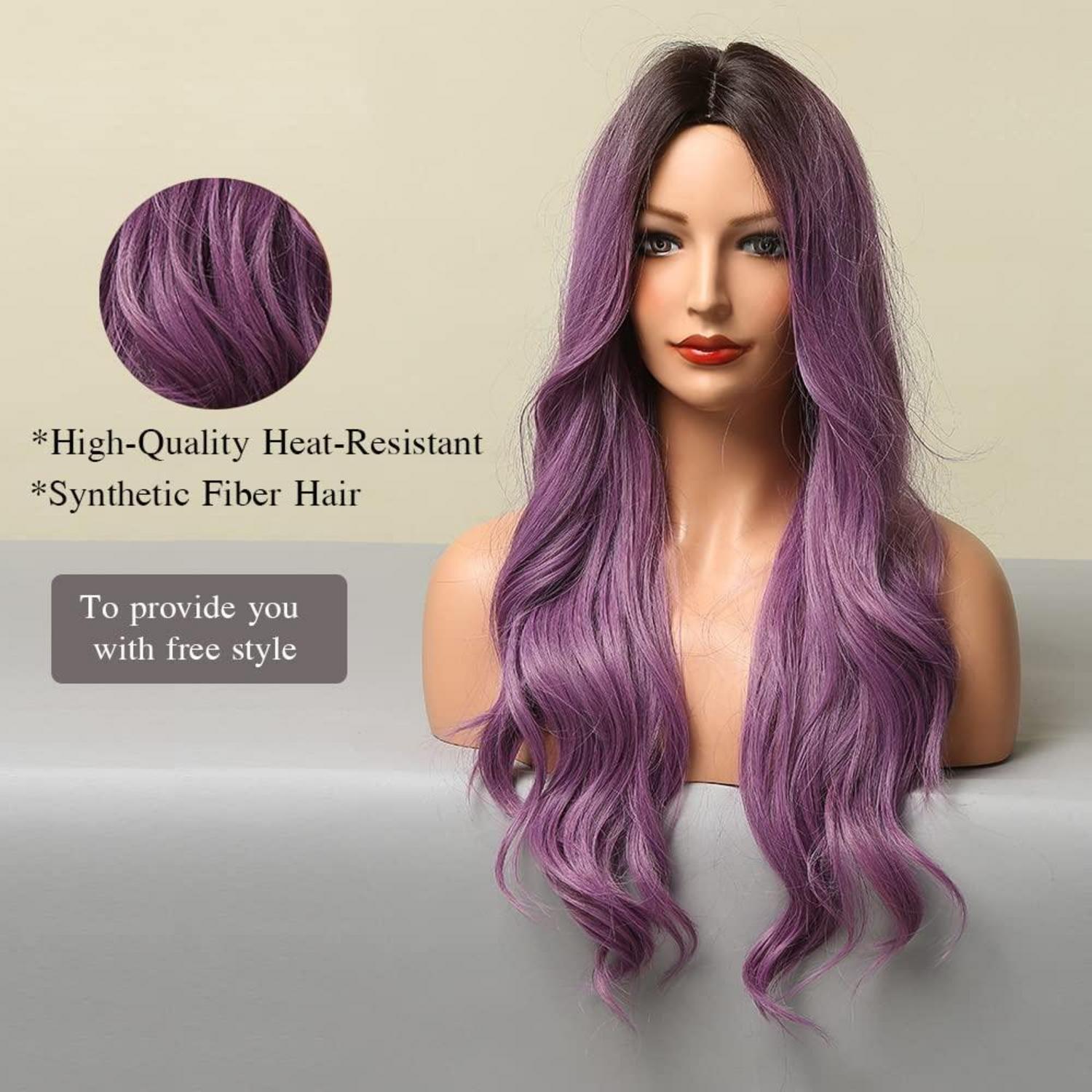 Ombre Lila Lange Natürliche gewellte Synthetische Perücke mit Pony