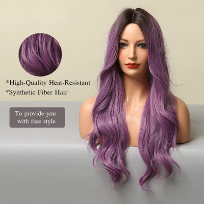 Ombre Lila Lange Natürliche gewellte Synthetische Perücke mit Pony