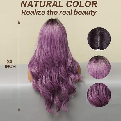 Lange Ombre Lila Synthetische Perücke mit Pony und gewelltem Haar