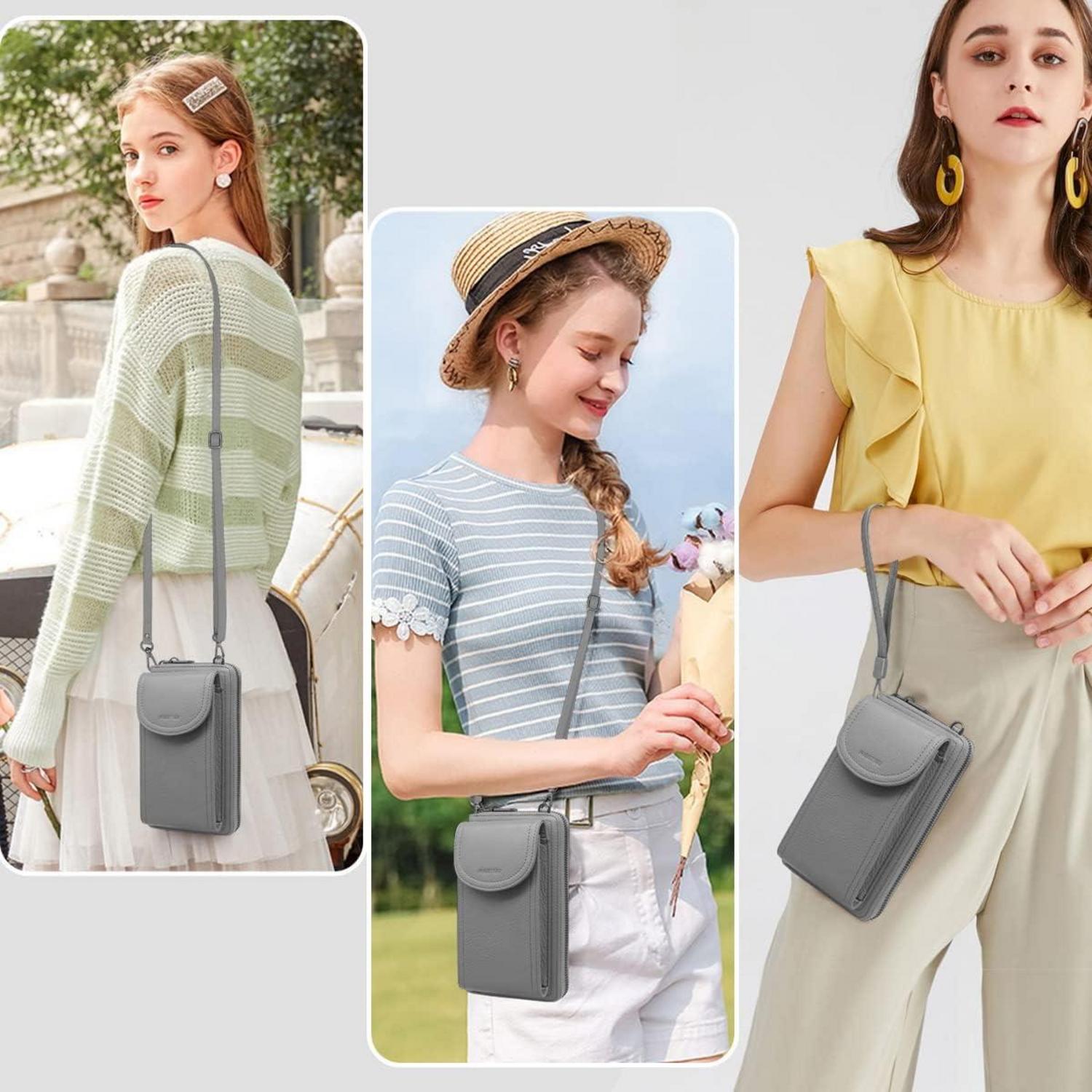 Handytasche Damen Umhängetasche RFID Schutz Leder viele Fächer dunkelgrau