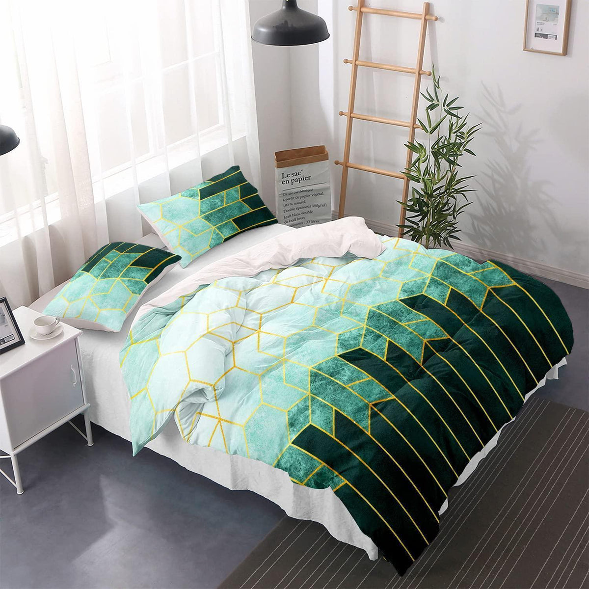 Bettwäsche-Set 220x240 grün gestreift | Modernes Mikrofaser Bettwäscheset