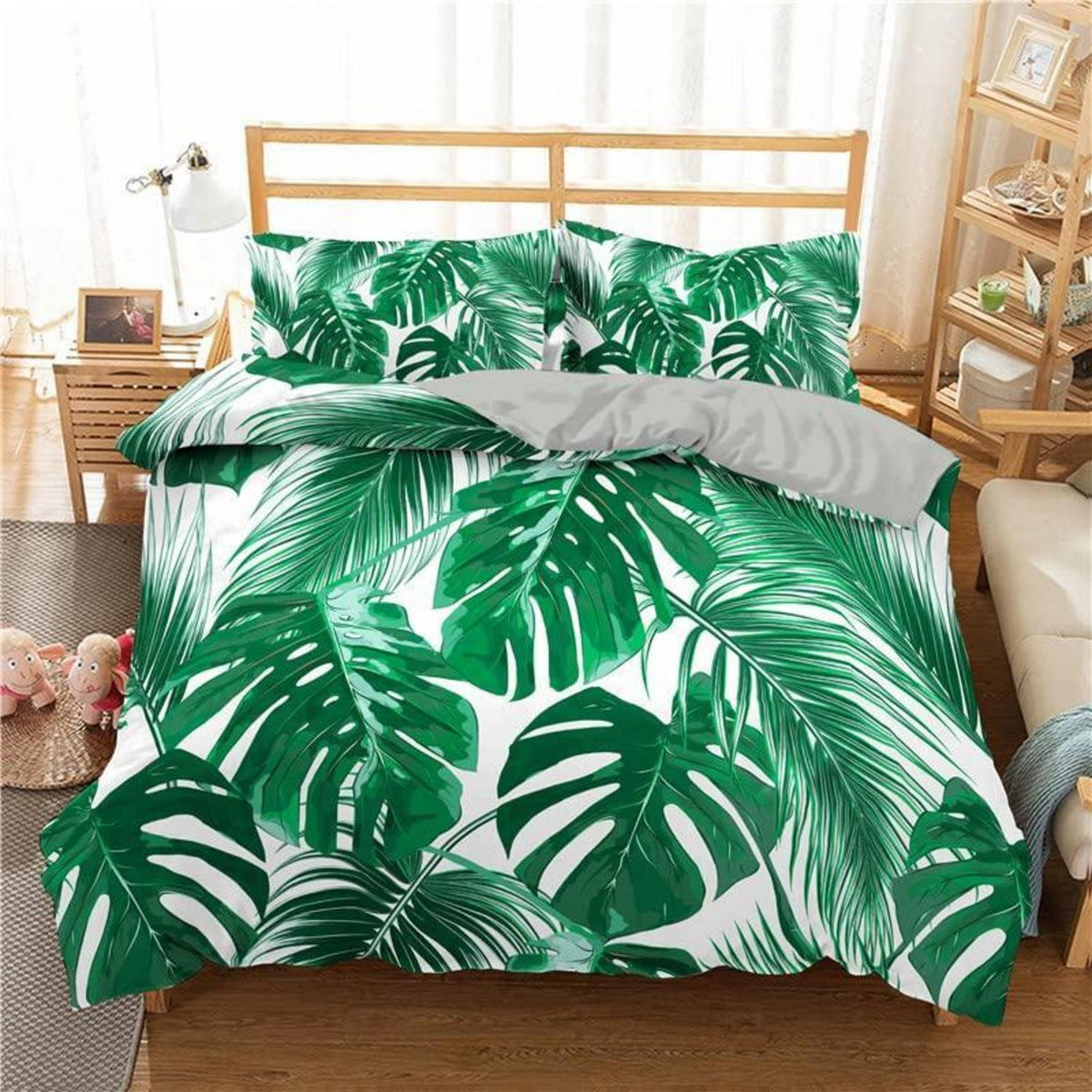 Grüne Bettwäsche Set 200x200cm – Tropische Blätter & Mikrofaser