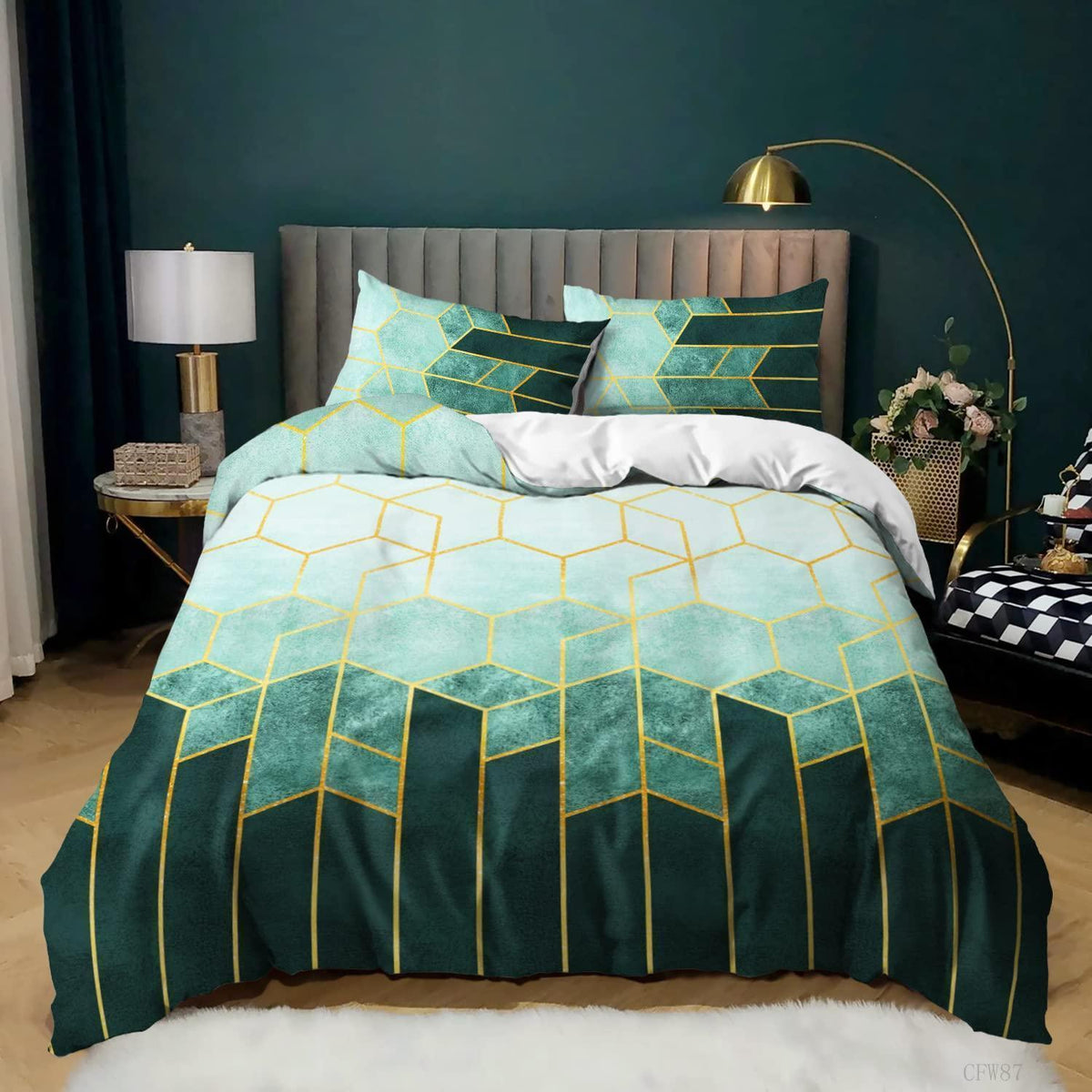 Grüne Bettwäsche 200x200cm | Gestreiftes Bettbezug-Set mit 2 Kissenbezügen