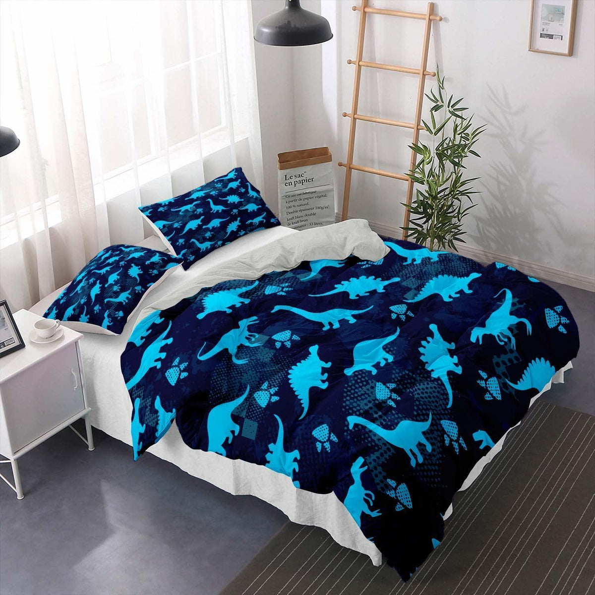 Cartoon Dino Bettwäsche Set 220x240cm – Kinderbettwäsche mit 2 Kissenbezügen